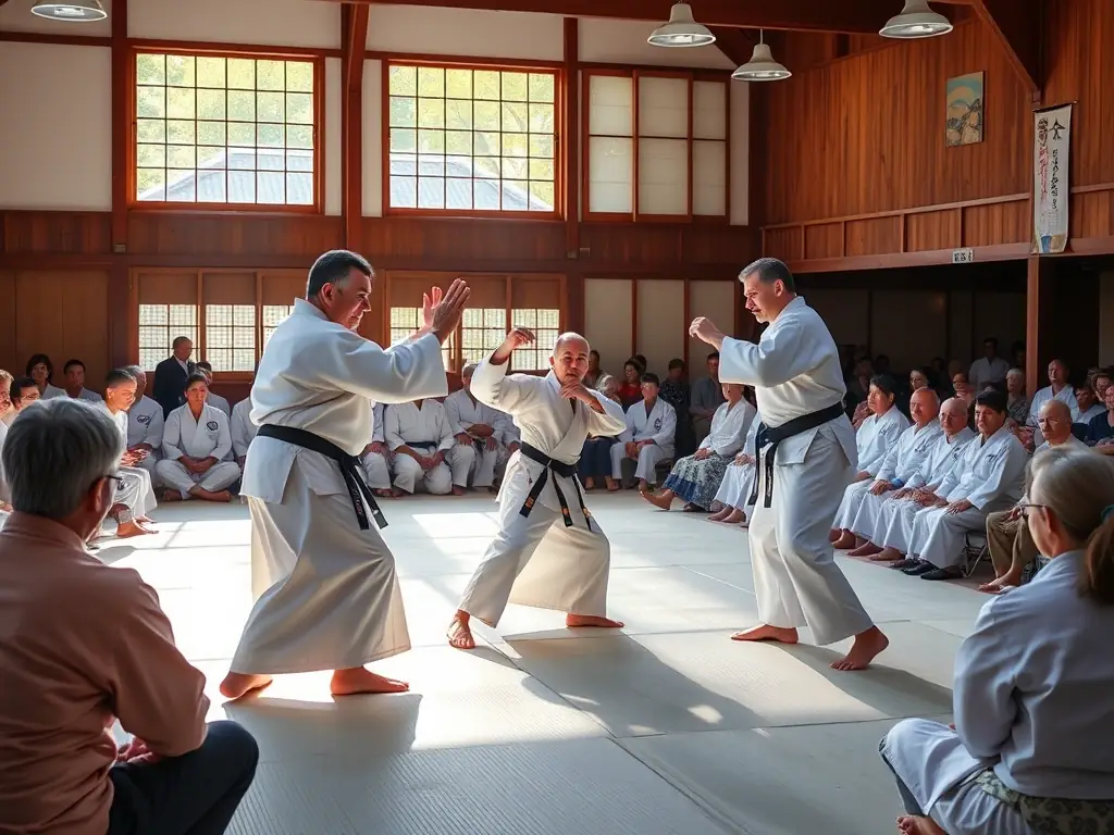 A demonstration of Aikido techniques performed during a community event, with audience engagement, highlighting the Community Events hosted by AIKIDO BISEL.