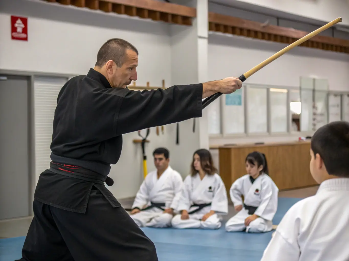 A group of students practicing Aikido techniques in a dojo, with an instructor guiding them through movements, showcasing the Aikido Classes offered by AIKIDO BISEL.
