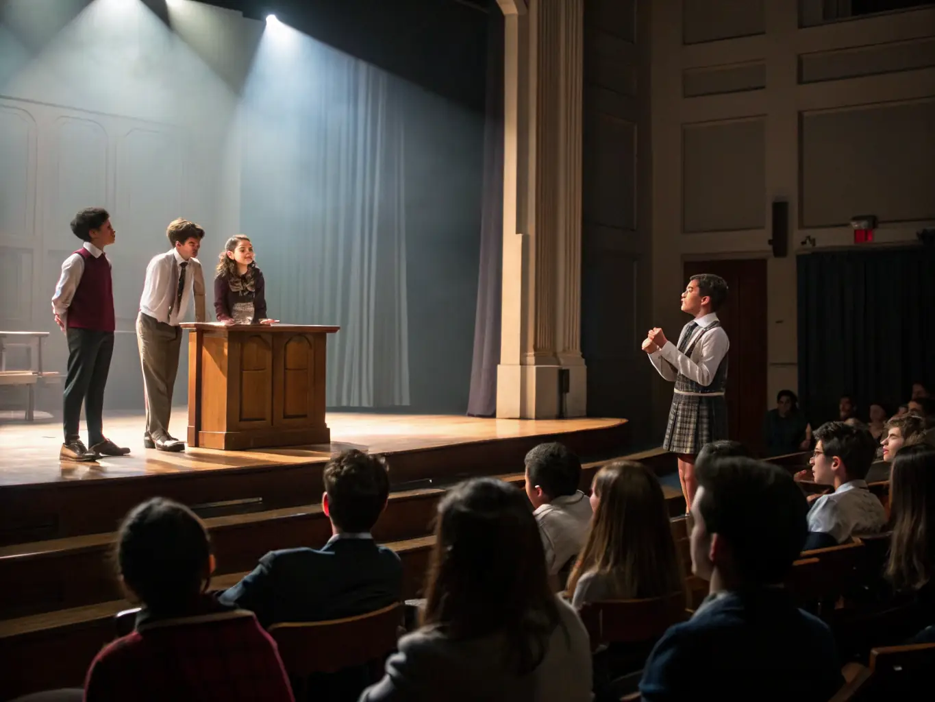 A diverse group of students engaged in a debate, representing the development of critical thinking and communication skills.