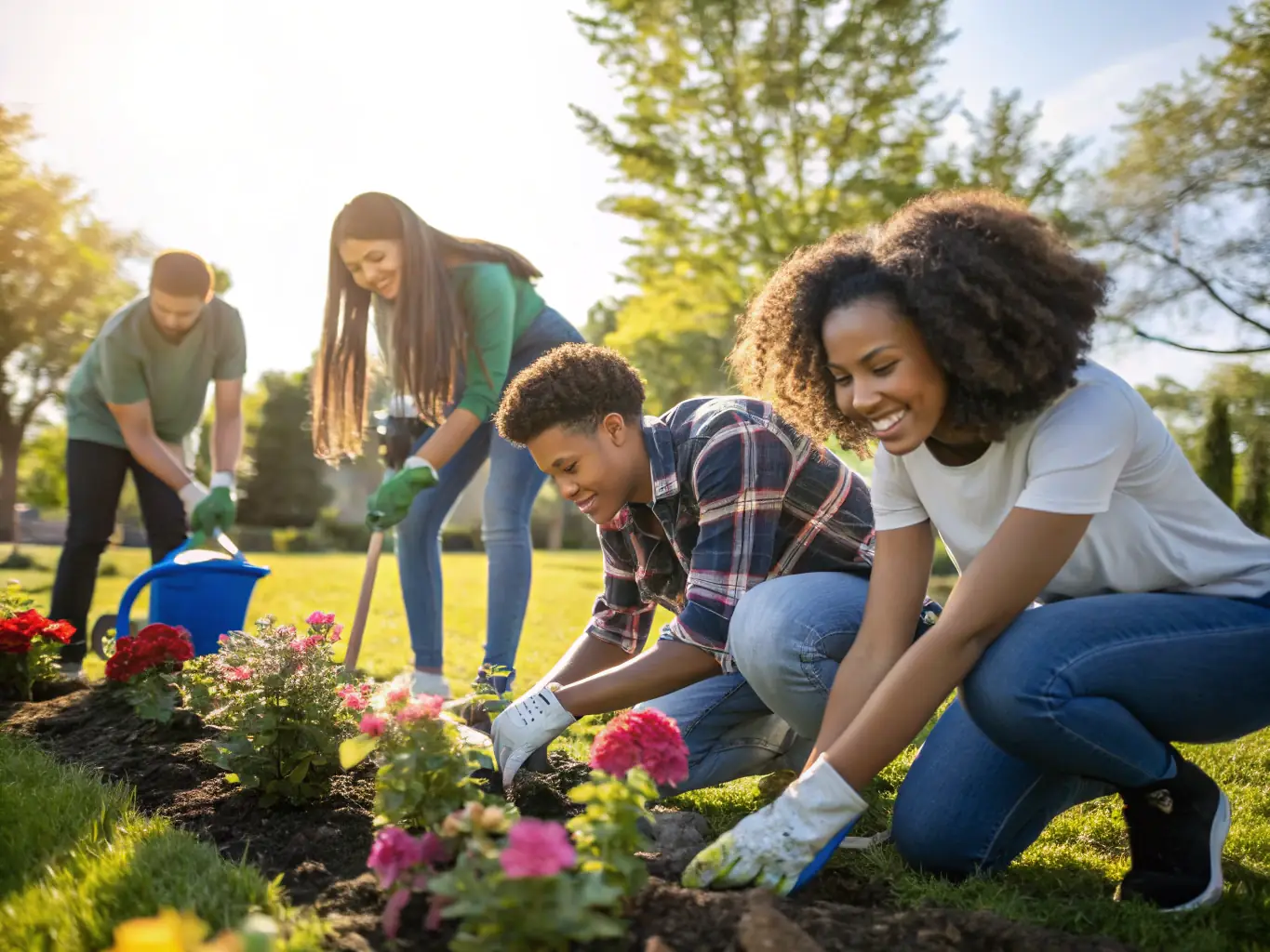 An image of students working on a community service project, such as cleaning up a local park or volunteering at a food bank, illustrating their commitment to social responsibility and community involvement.