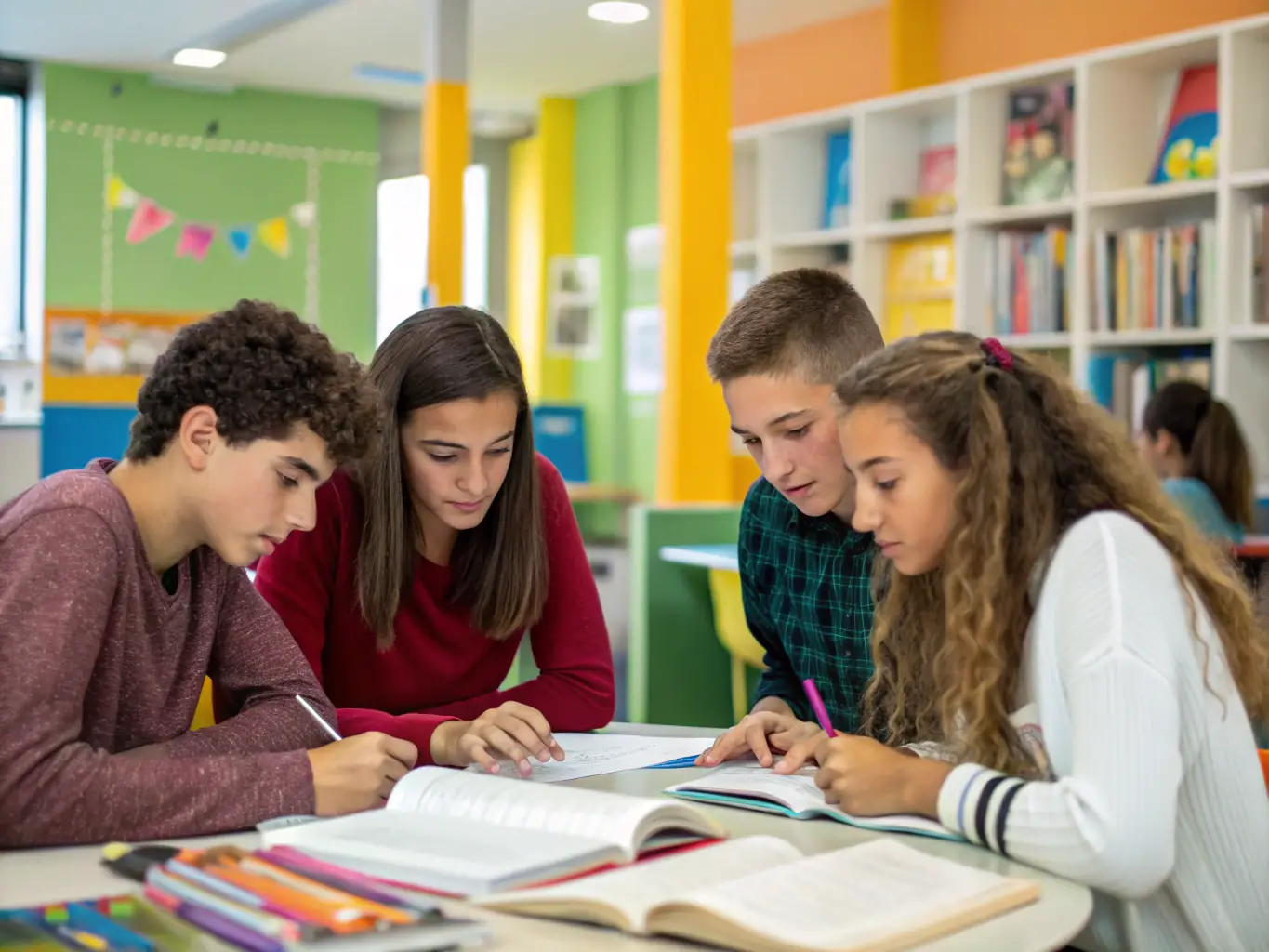 An image depicting a group of students actively participating in a cooperative learning activity, showcasing teamwork and engagement in a classroom setting. The students are working together on a project, demonstrating the collaborative spirit of OCCE's programs.