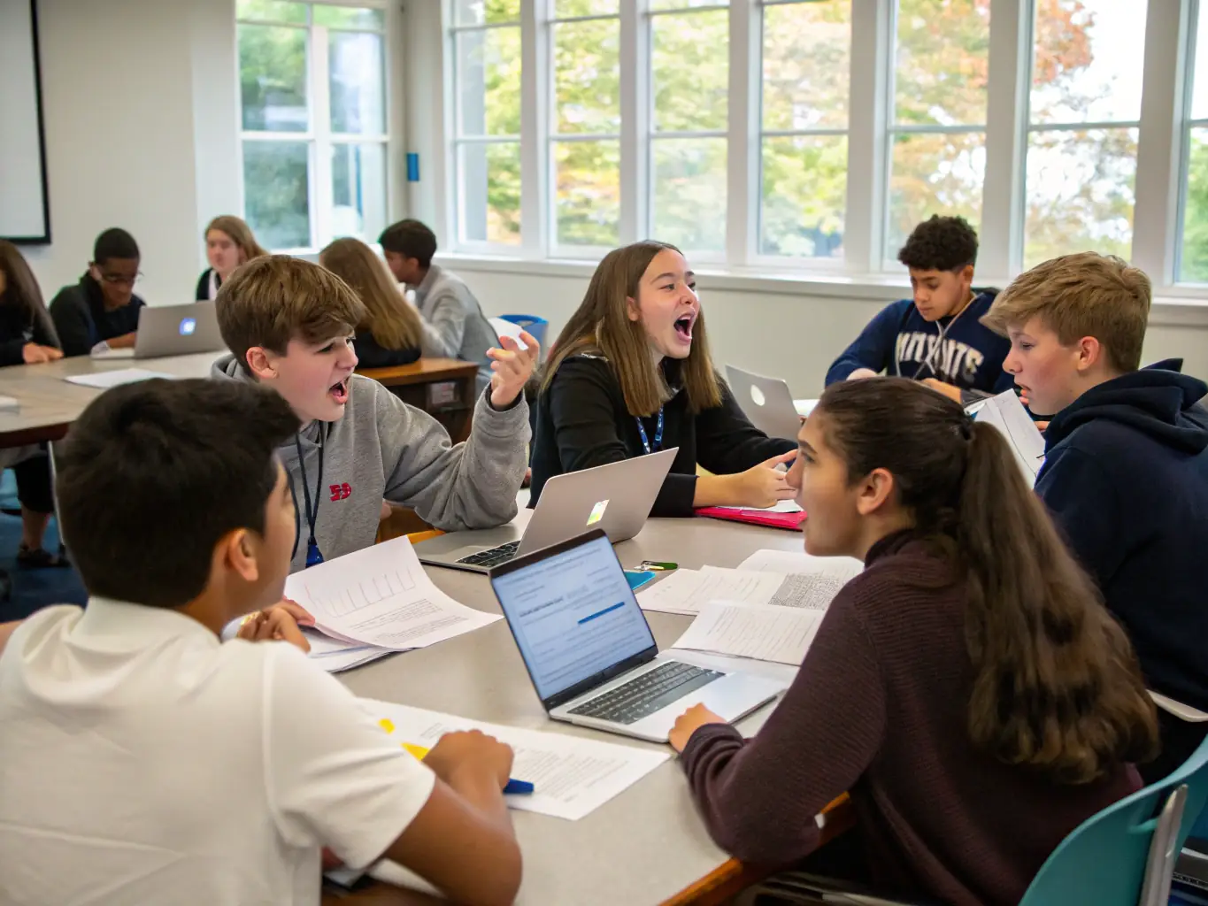 An image showing students participating in a mock election or debate, highlighting their active involvement in democratic processes and civic engagement. The scene captures the energy and enthusiasm of young people learning about democracy.