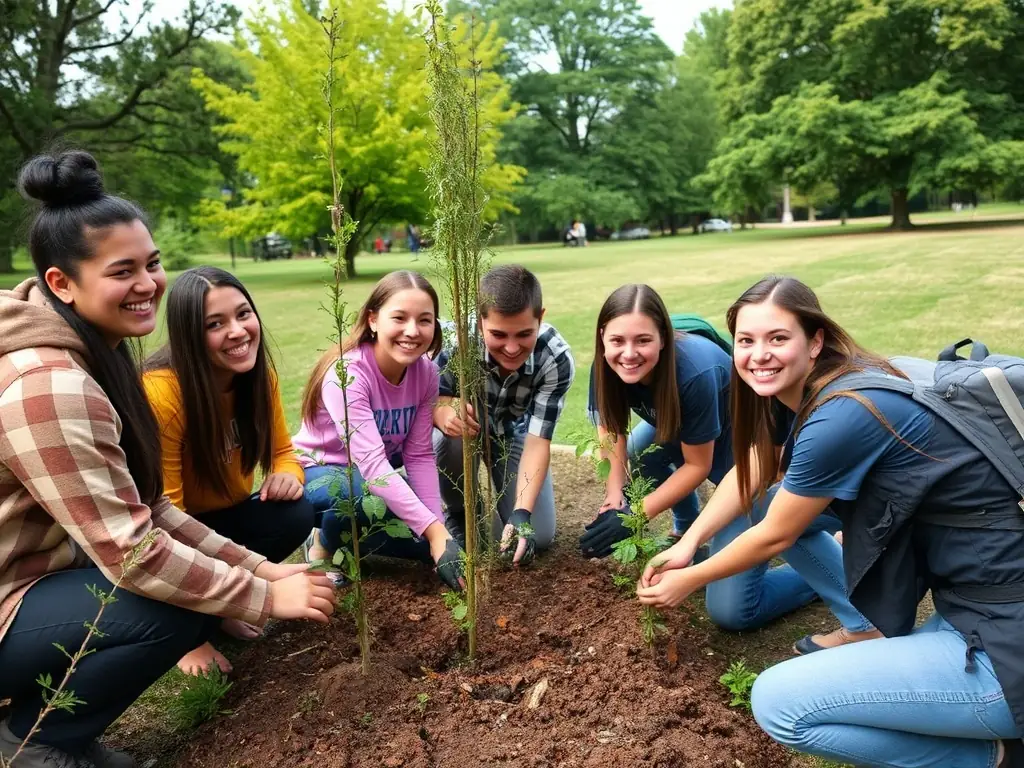 Students working together on a community service project, demonstrating the values of cooperation and social responsibility.
